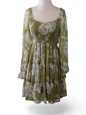 Patrons of Peace Olive Green Floral Smocked Tiered Long Sleeve Dress